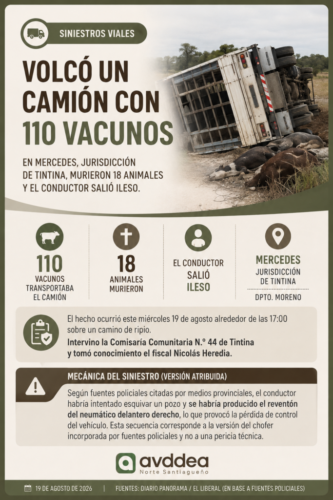 Datos principales del vuelco de un camión con 110 vacunos en Mercedes, Tintina.