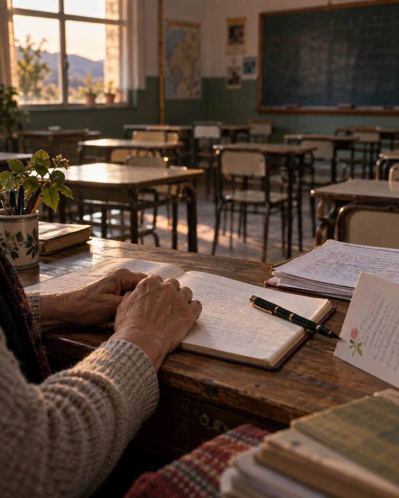 Manos de una docente sobre un cuaderno en un aula vacía al finalizar la jornada.