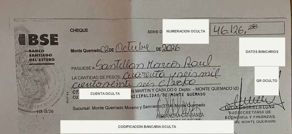 Cheque municipal por 46.126,28 pesos con firmas y sellos visibles