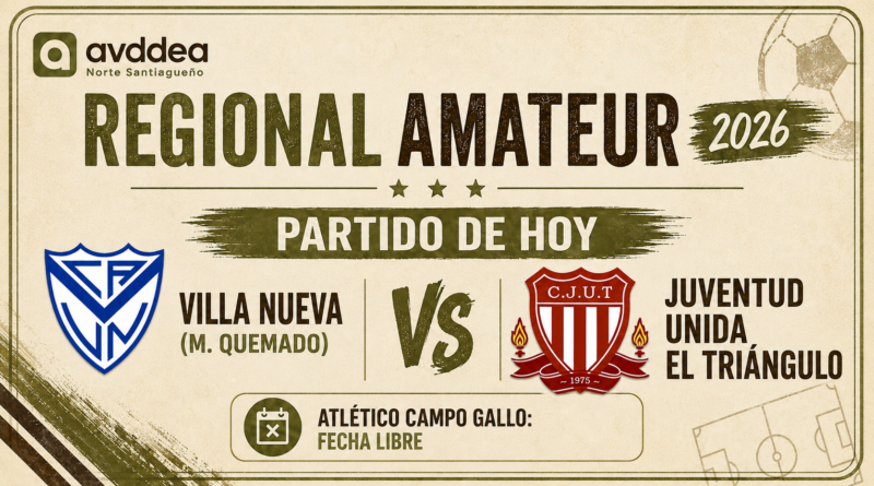 Villa Nueva de Monte Quemado vs Juventud Unida El Triángulo por el Regional Amateur 2026. Atlético Campo Gallo queda libre.