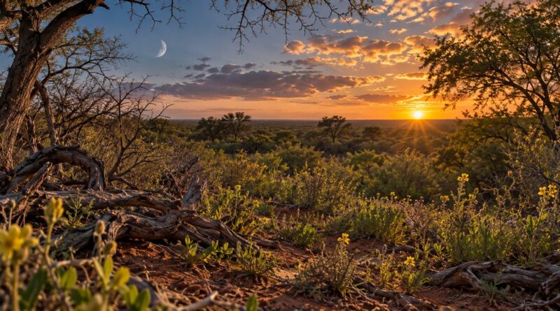 Renovación primaveral en un paisaje ilustrativo del monte chaqueño al atardecer.