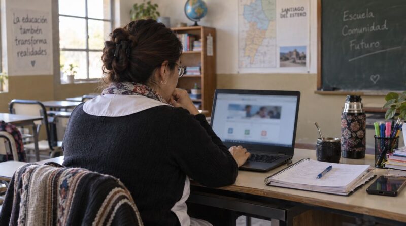Docente consulta una plataforma en una computadora dentro de un aula, imagen ilustrativa.