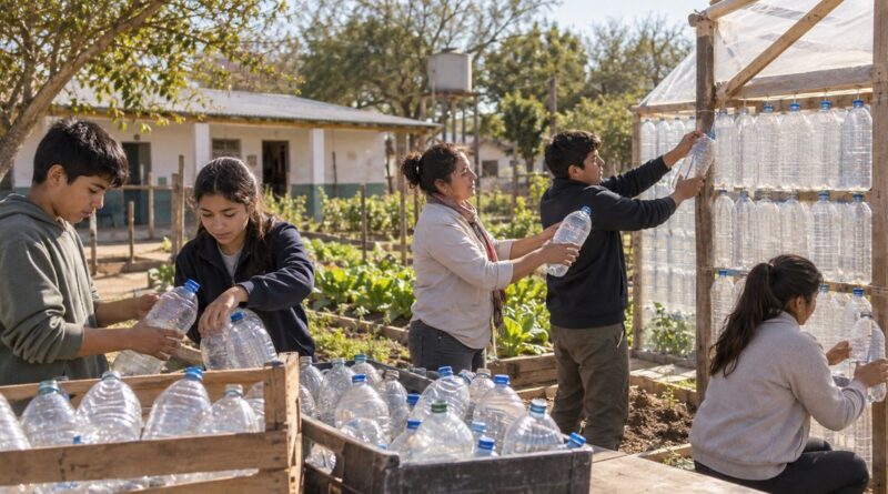 Estudiantes y docentes reutilizan botellas plásticas en un invernadero escolar.