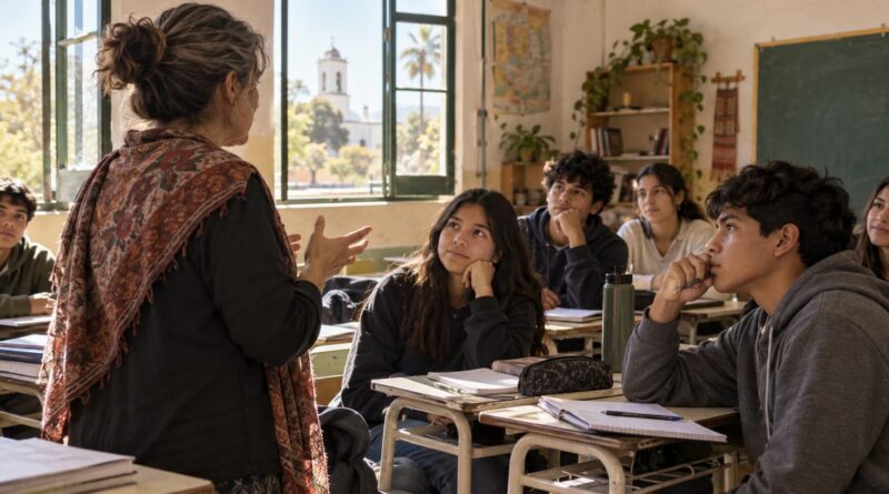 Profesora dialoga con estudiantes en un aula de una localidad del norte argentino.
