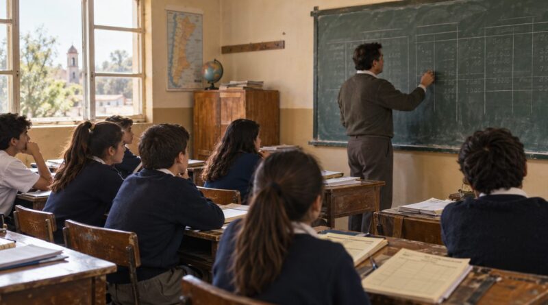 Profesor explica un ejercicio de contabilidad frente a estudiantes en un aula secundaria.