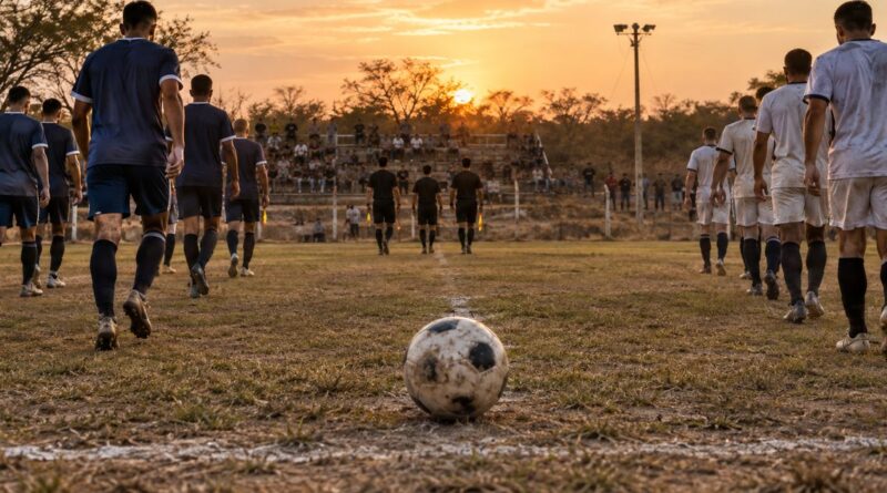 Dos equipos de fútbol ingresan a una cancha regional al atardecer.