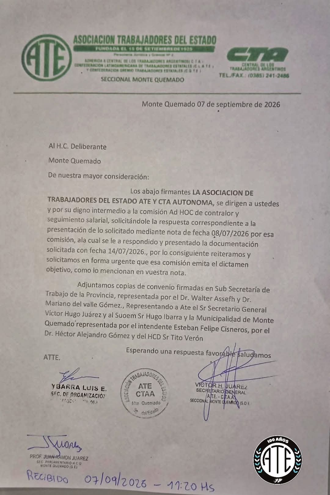 Nota presentada por ATE ante el Concejo Deliberante de Monte Quemado el 7 de septiembre de 2026