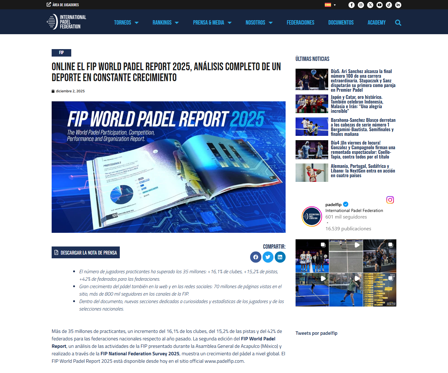 Página oficial del FIP World Padel Report 2025 sobre el crecimiento mundial del pádel