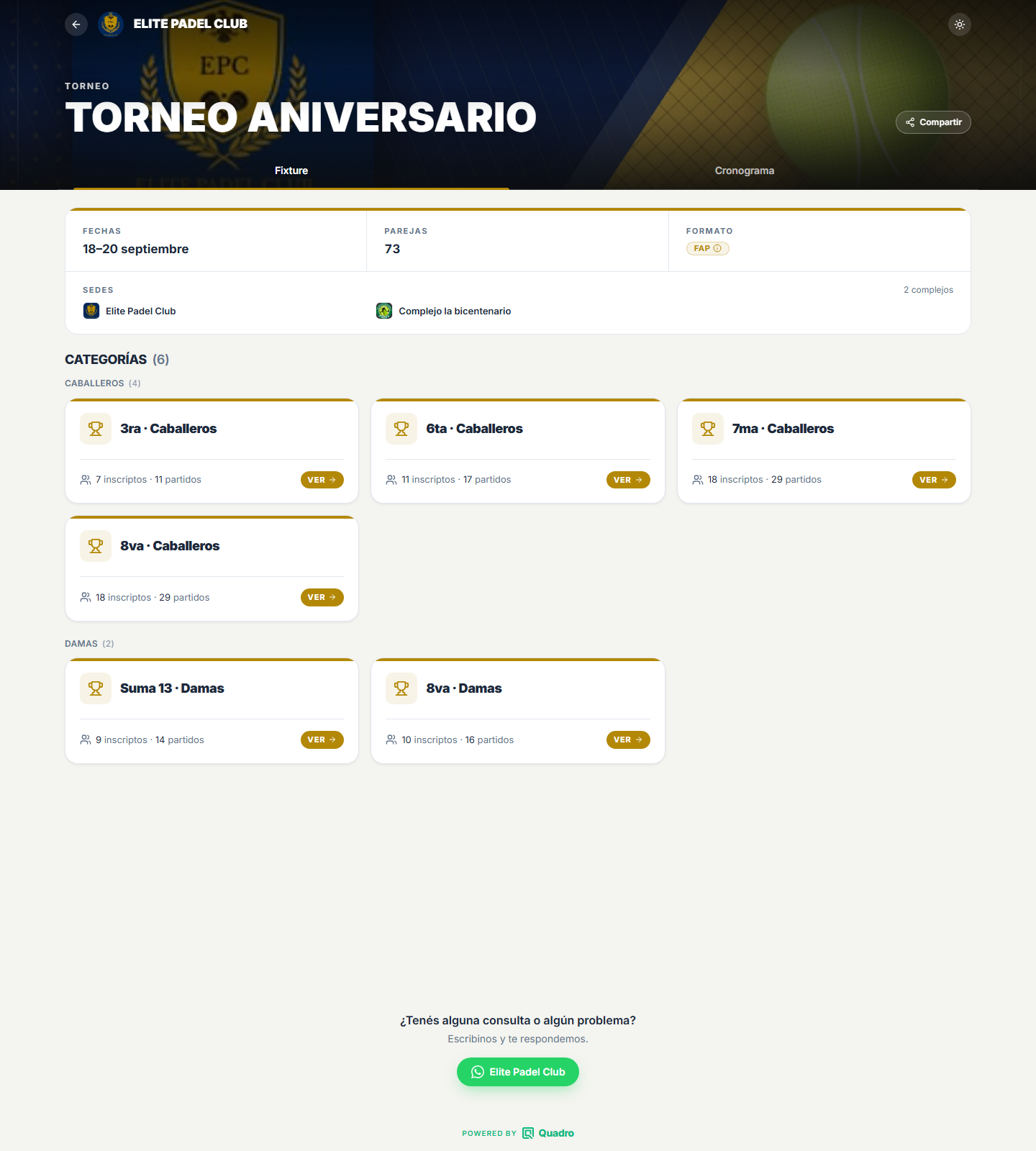 Ficha del Torneo Aniversario de Elite Pádel Club con 73 parejas y seis categorías