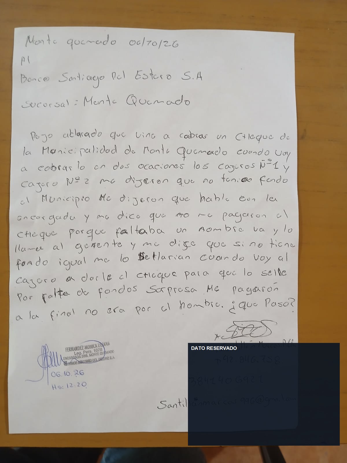 Reclamo de Marcos Santillán recibido por el Banco Santiago del Estero