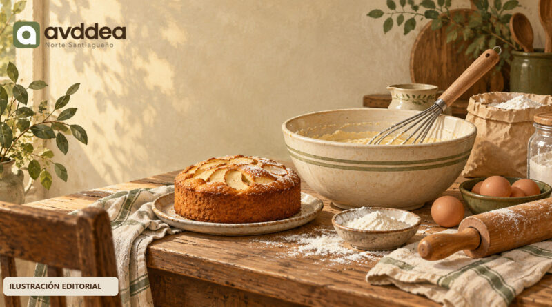 Ilustración de utensilios de repostería y una preparación sobre una mesa.
