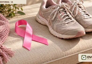 Cinta rosa junto a zapatillas sobre tela clara; imagen simbólica de concientización y actividad física.