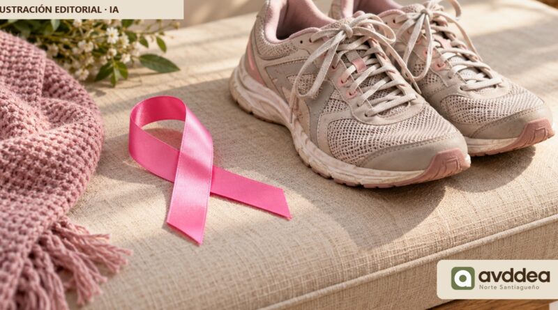 Cinta rosa junto a zapatillas sobre tela clara; imagen simbólica de concientización y actividad física.