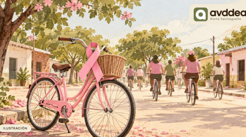 Ilustración de una bicicleta rosa con un lazo de concientización y ciclistas en una calle