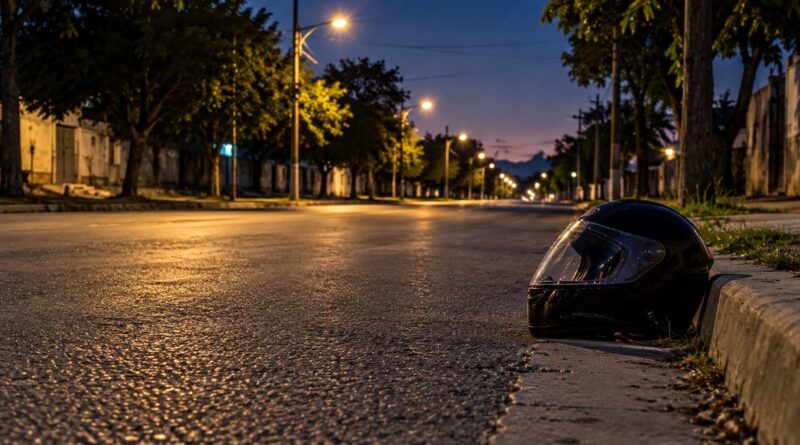 Imagen ilustrativa de una avenida durante la madrugada, con un casco de motociclista junto al cordón.