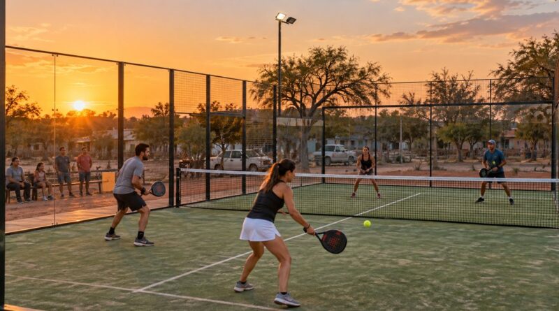 Jugadores aficionados disputan un partido de pádel al atardecer en una localidad del norte santiagueño